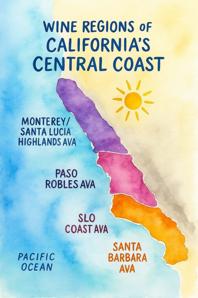 Colorful watercolor map highlighting California's Central Coast wine regions.