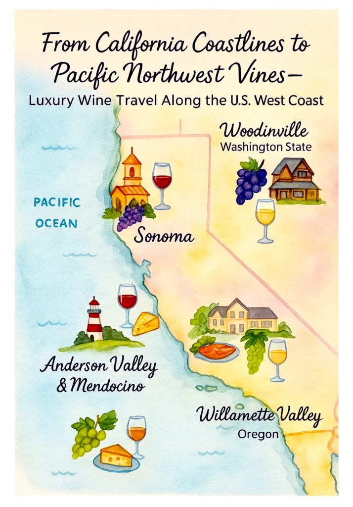 Vintage-style map of West Coast luxury wine travel regions.