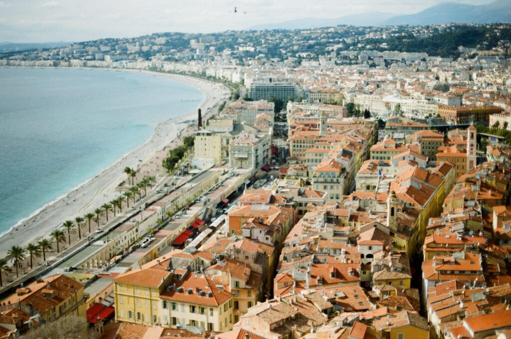Stunning aerial view of Nice's coastline and urban landscape.
