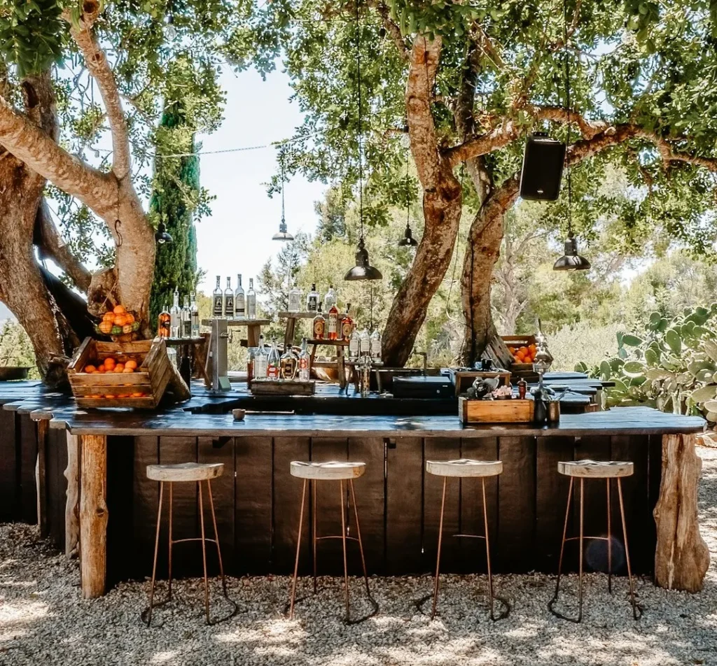 Outdoor bar setup with rustic stools under large trees.