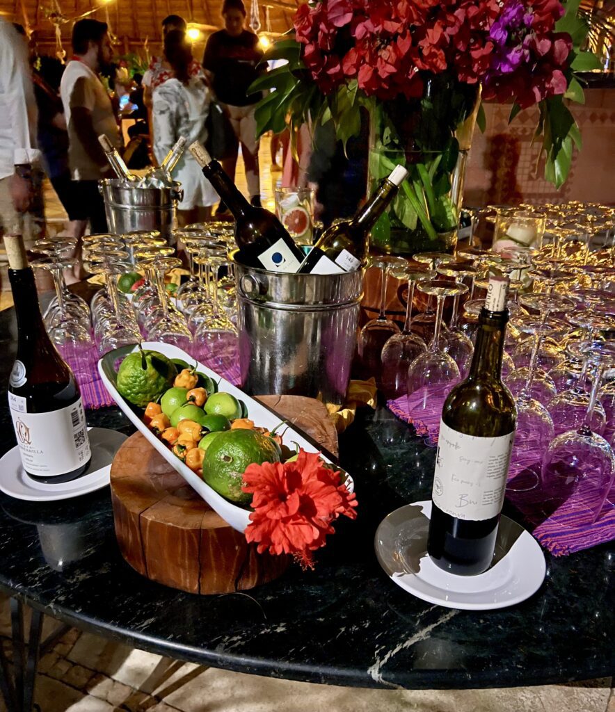 Wine bottles and fruit on a table in Mexico, enotourism.