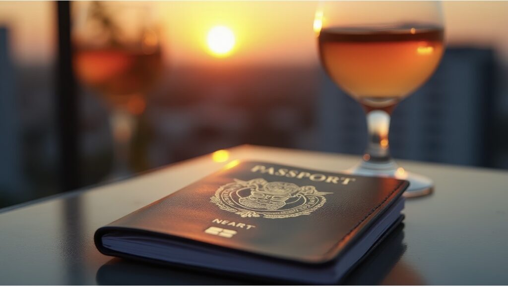 Passport and wine glasses at sunset. Wine as a Passport with Jamie Knee.