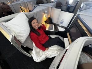 American Airlines new premium suites with wine travel presenter, Jamie Knee